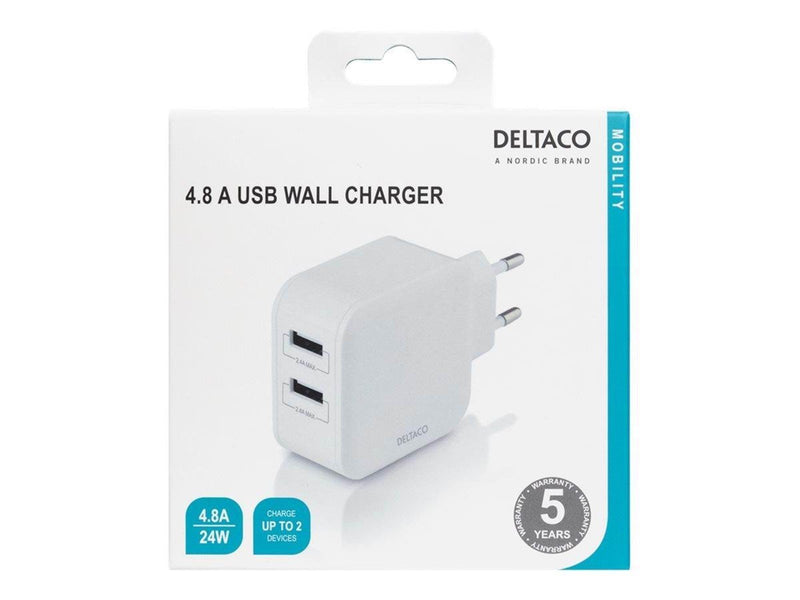 Deltaco Wall charger with dual USB-A ports 4.8 A.