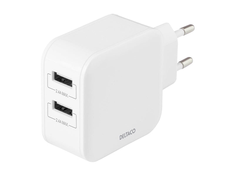 Deltaco Wall charger with dual USB-A ports 4.8 A.
