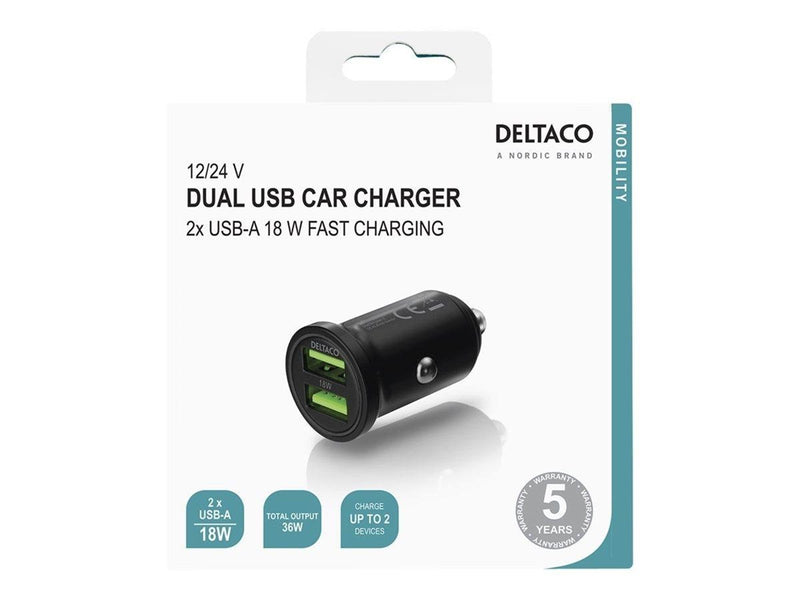 Deltaco USB car charger 2x USB-A 18 W fast charg