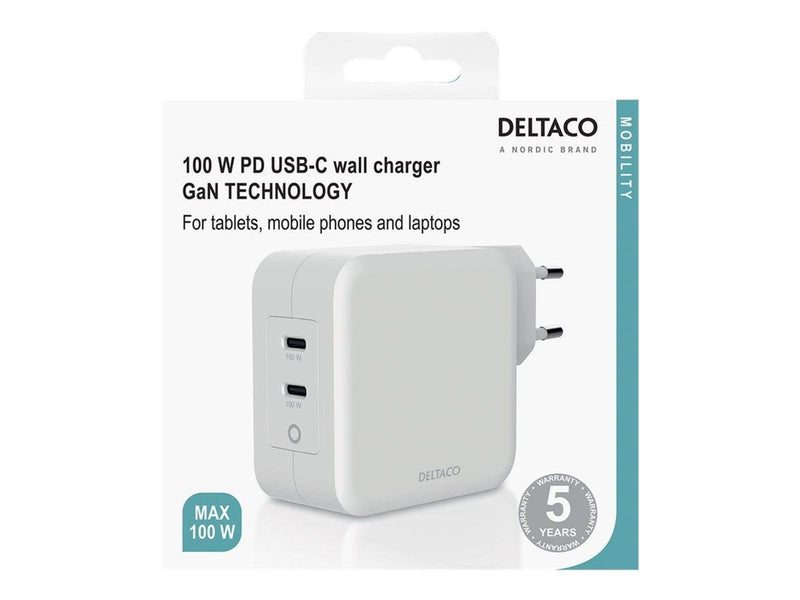 Deltaco USB-C wall charger GaN technology 2x USB