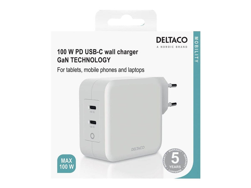 Deltaco USB-C wall charger GaN technology 2x USB