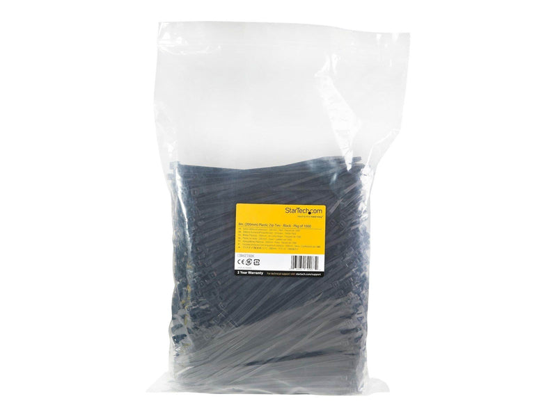 StarTech.com 8"(20cm) Cable Ties 2-1/8"(55mm) Dia 50lb(22kg) Tensile Strength Nylon Self Locking Zip Ties UL Listed 1000 Pack Bl