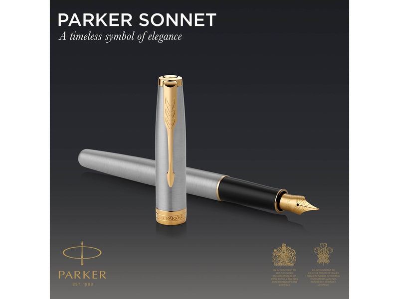 Parker Sonnet Füller | Edelstahl mit Goldzierteilen | Füllfederhalter mit feiner Feder | Geschenkbox