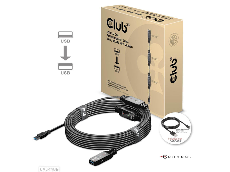 Club 3D CAC-1406 USB 3.2 Gen1 Active Repeater Cable 15m/ 49.2 ft M/F 28AWG