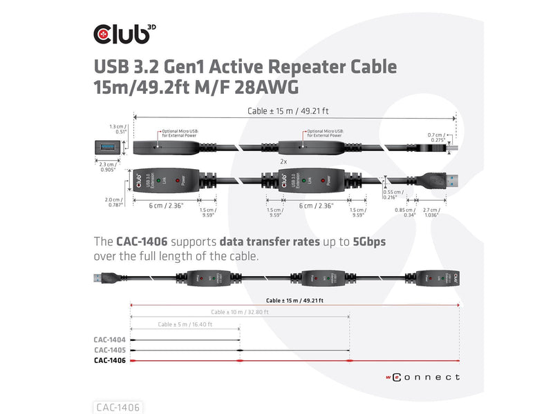 Club 3D CAC-1406 USB 3.2 Gen1 Active Repeater Cable 15m/ 49.2 ft M/F 28AWG