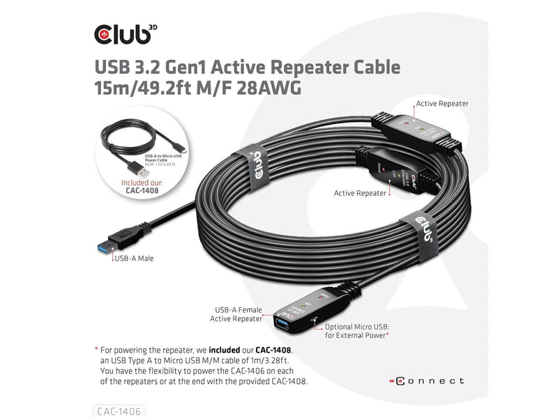 Club 3D CAC-1406 USB 3.2 Gen1 Active Repeater Cable 15m/ 49.2 ft M/F 28AWG