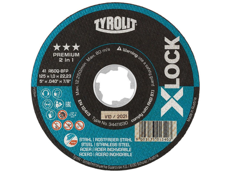 Tyrolit Xlock cut-off wheel 125x1x22.23/xl a60q-bfp- steel and inox
