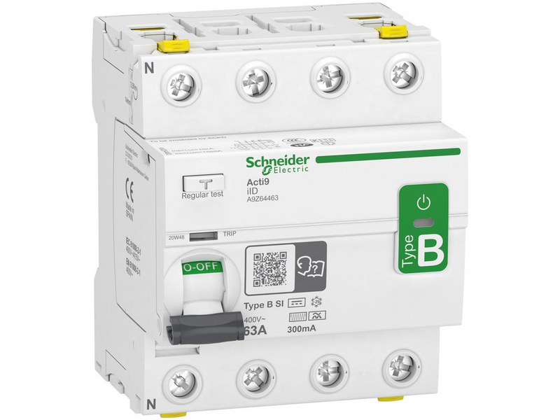 Schneider Electric Acti9 rccb earth leakage protection 4p 63a 300ma b-class-si super immun ac/dc for inst with 3p speed drive an