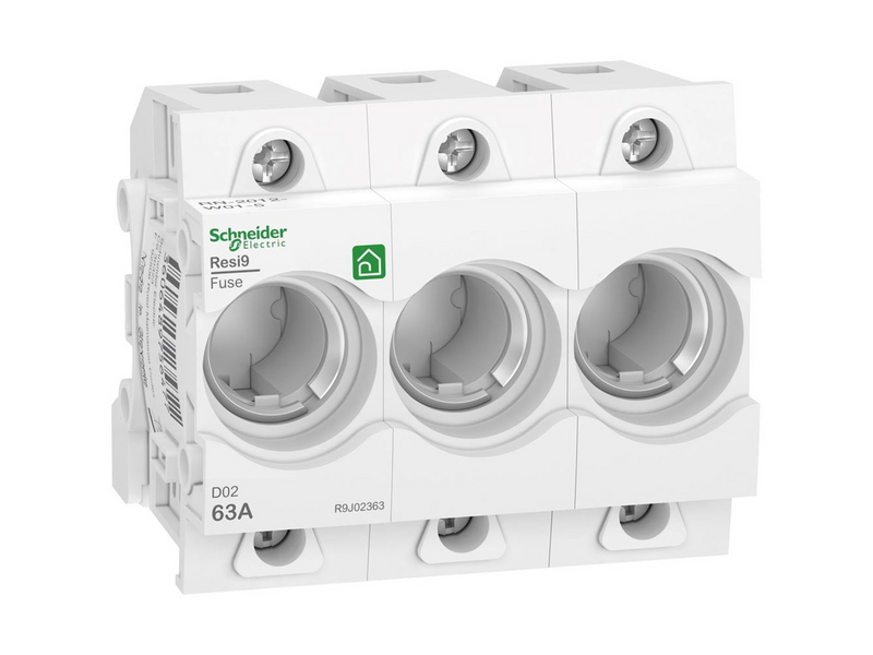Schneider Electric Resi9 neozed d02 3p 63a fuse holder without screw head fits din rail. d02 black screw heads are supplied in p