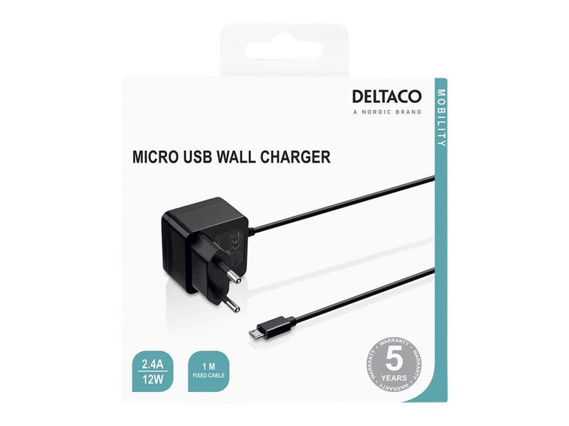 Deltaco USB wall charger fixed Micro USB cable 1