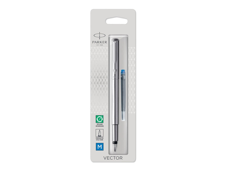 Parker Vector Füller | Edelstahl | Füllfederhalter mit mittlerer Feder | Blau Tinte
