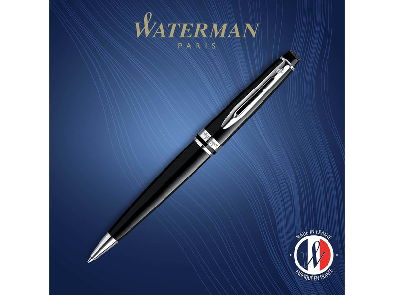 Waterman Expert Kugelschreiber | Hochglänzend Schwarz mit Chromzierteile | Mittlere Spitze | Blaue Tinte | Geschenkbox