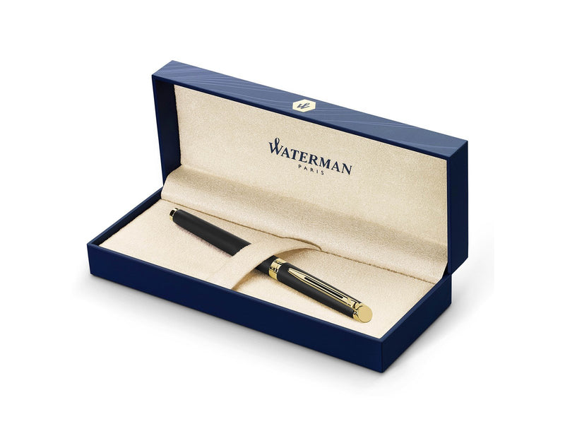Waterman Hémisphère Tintenroller | Mattschwarz mit Goldzierteile | feine Spitze | Schwarze Tinte | Geschenkbox