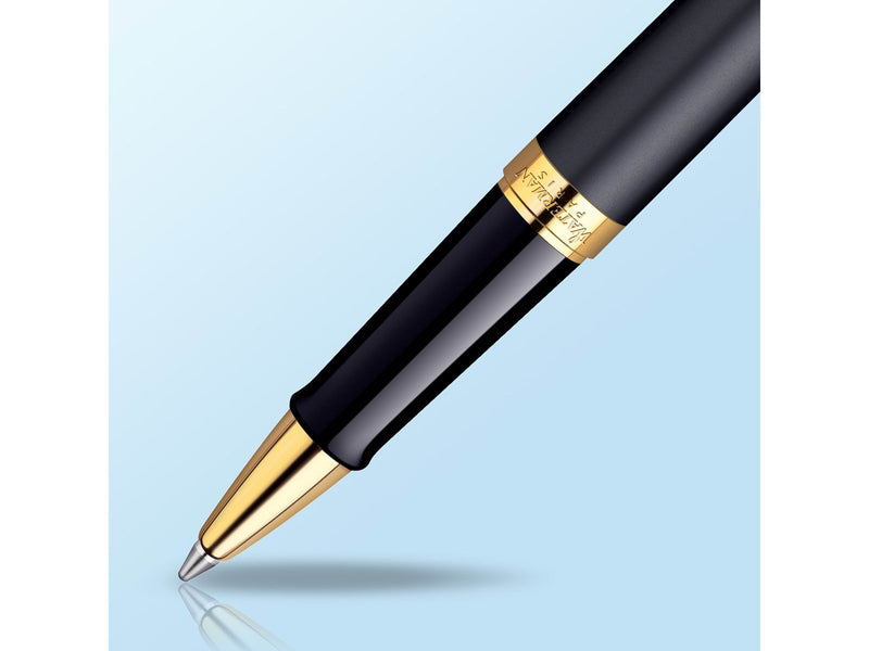 Waterman Hémisphère Tintenroller | Mattschwarz mit Goldzierteile | feine Spitze | Schwarze Tinte | Geschenkbox