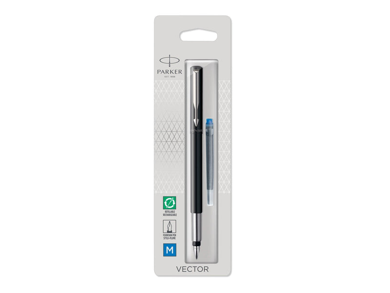 Parker Vector Fountain Pen | Blue with Chrome Trim | Medium Nib | Blue Ink | Hangtab