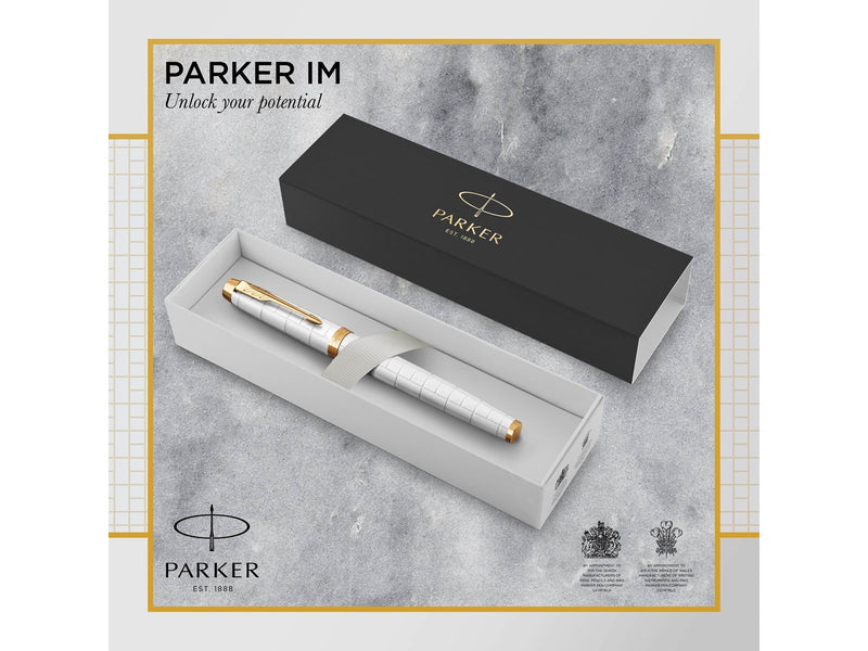 Parker IM Füller | Perlfarbene Premium-Lackierung mit goldenen Zierteilen | Füllfederhalter mit feiner Feder und blauer Tinte |