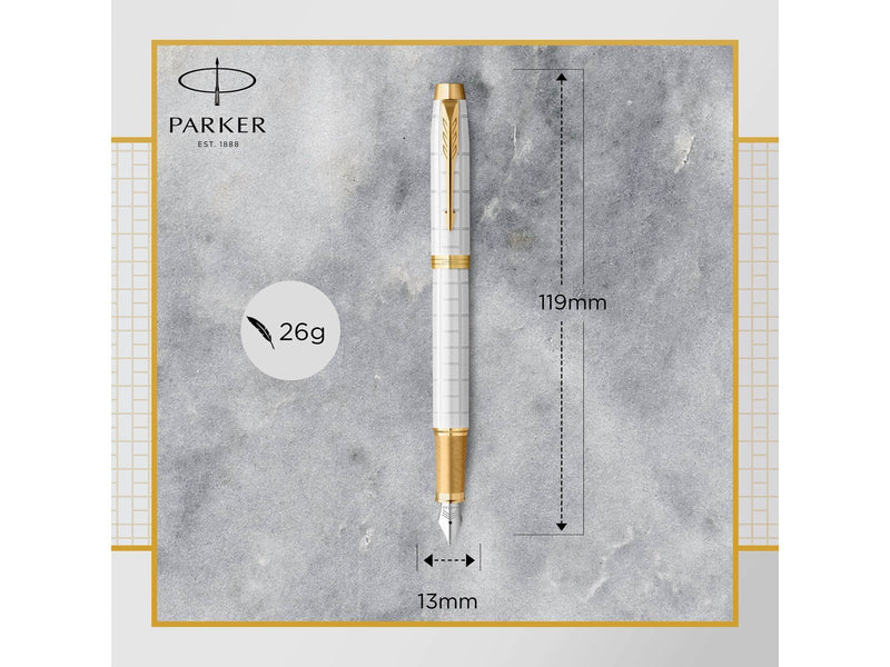 Parker IM Füller | Perlfarbene Premium-Lackierung mit goldenen Zierteilen | Füllfederhalter mit feiner Feder und blauer Tinte |