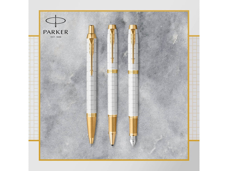 Parker IM Füller | Perlfarbene Premium-Lackierung mit goldenen Zierteilen | Füllfederhalter mit feiner Feder und blauer Tinte |