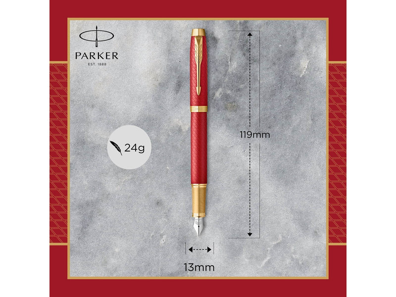 Parker IM Füller | Rote Premium-Lackierung mit goldenen Zierteilen | Füllfederhalter mit feiner Feder und blauer Tinte | Geschen
