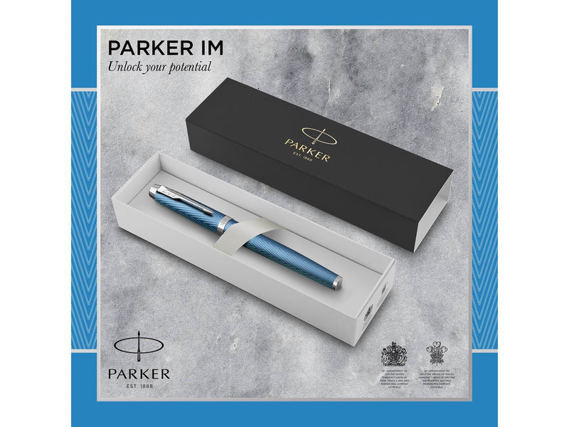 Parker IM Füller | Blaugraue Premium-Lackierung mit Chromverzierung | Füllfederhalter mit feiner Feder und blauer Tinte | Gesche