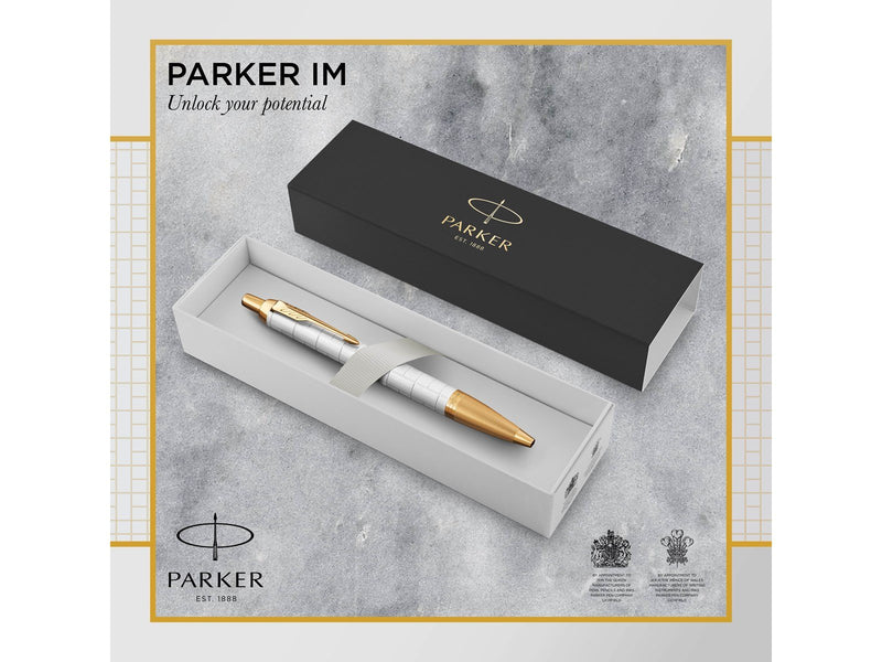 Parker IM Kugelschreiber | Perlfarbene Premium-Lackierung mit goldenen Zierteilen | Mittlere Schreibspitze mit blauer Nachfüllmi