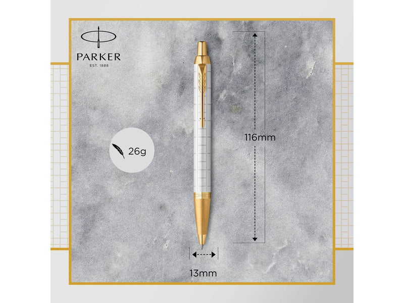 Parker IM Kugelschreiber | Perlfarbene Premium-Lackierung mit goldenen Zierteilen | Mittlere Schreibspitze mit blauer Nachfüllmi