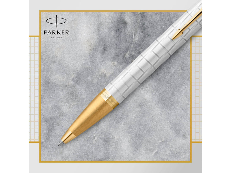 Parker IM Kugelschreiber | Perlfarbene Premium-Lackierung mit goldenen Zierteilen | Mittlere Schreibspitze mit blauer Nachfüllmi