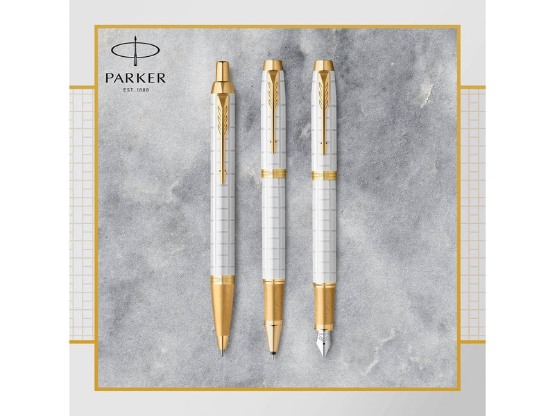 Parker IM Kugelschreiber | Perlfarbene Premium-Lackierung mit goldenen Zierteilen | Mittlere Schreibspitze mit blauer Nachfüllmi