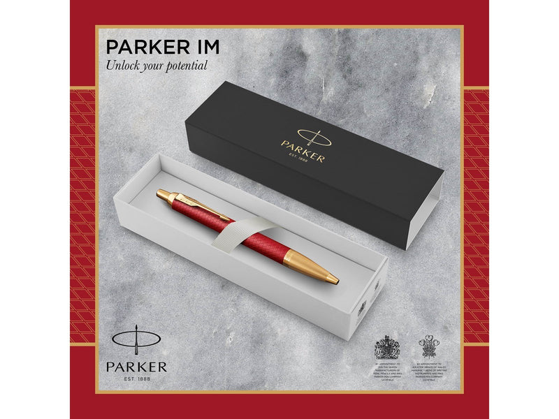 Parker IM Kugelschreiber | Rote Premiumlackierung mit goldenen Zierteilen | Mittlere Schreibspitze mit blauer Nachfüllmine | Ges