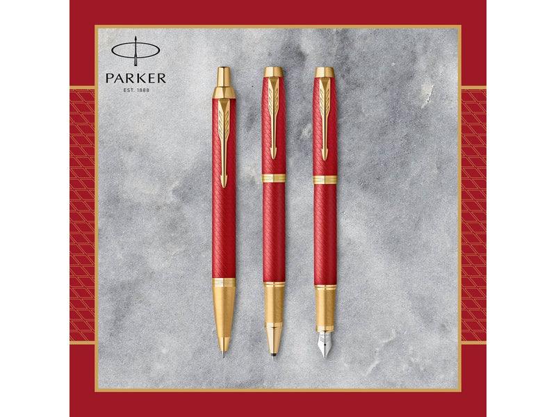 Parker IM Kugelschreiber | Rote Premiumlackierung mit goldenen Zierteilen | Mittlere Schreibspitze mit blauer Nachfüllmine | Ges