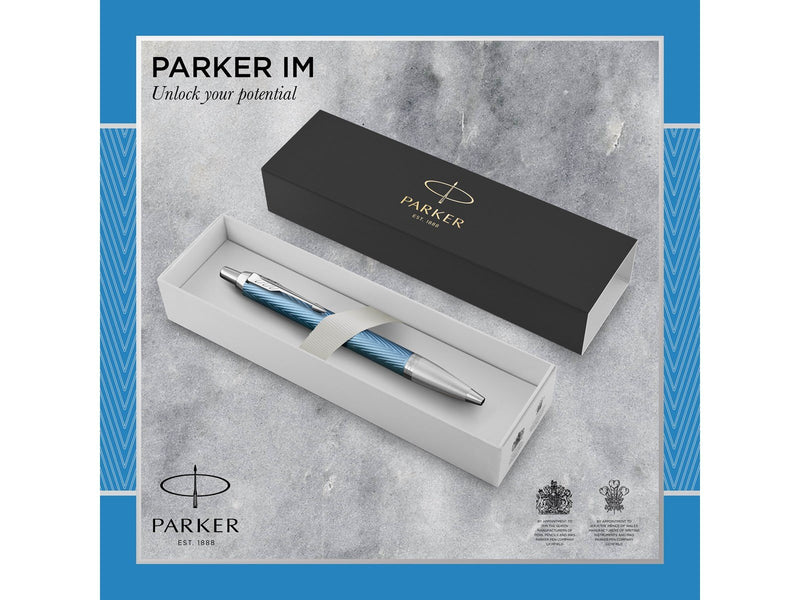 Parker IM Kugelschreiber | Blaugraue Premium-Lackierung mit Chromverzierung | Mittlere Schreibspitze mit blauer Nachfüllmine | G