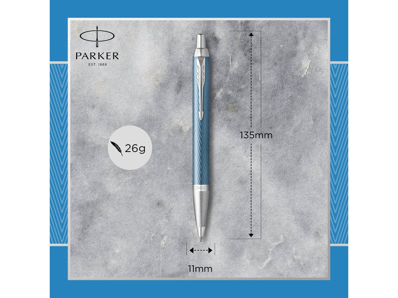 Parker IM Kugelschreiber | Blaugraue Premium-Lackierung mit Chromverzierung | Mittlere Schreibspitze mit blauer Nachfüllmine | G