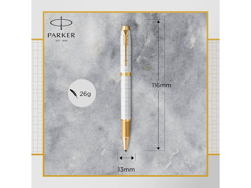 Parker IM Rollerball Tintenroller | Perlfarbene Premium-Lackierung mit goldenen Zierteilen | Feine Schreibspitze mit schwarzer N
