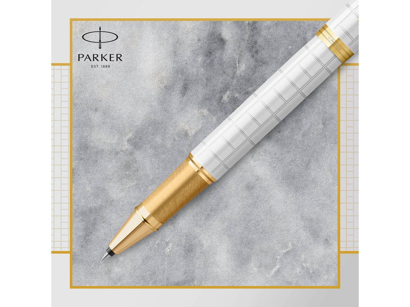 Parker IM Rollerball Tintenroller | Perlfarbene Premium-Lackierung mit goldenen Zierteilen | Feine Schreibspitze mit schwarzer N