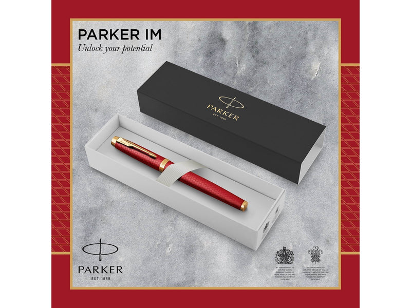 Parker IM Rollerball Tintenroller | Rote Premiumlackierung mit goldenen Zierteilen | Feine Schreibspitze mit schwarzer Nachfüllm
