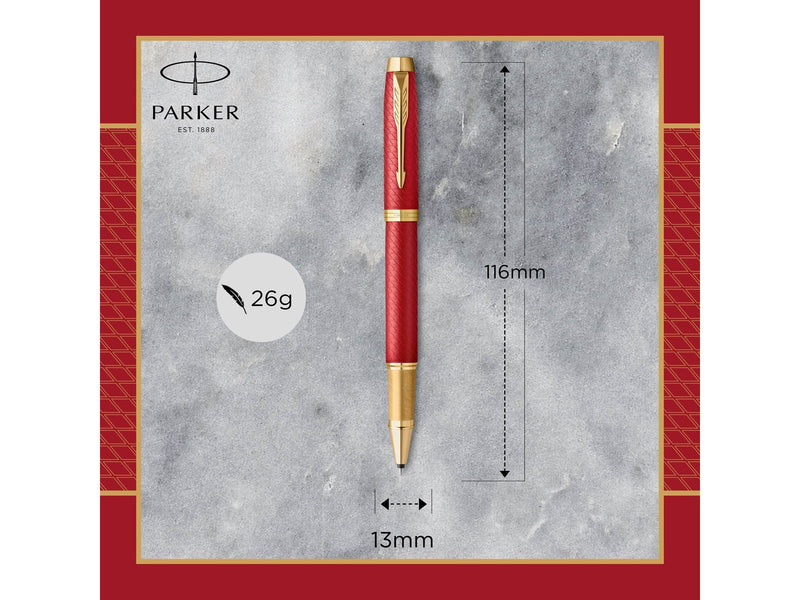 Parker IM Rollerball Tintenroller | Rote Premiumlackierung mit goldenen Zierteilen | Feine Schreibspitze mit schwarzer Nachfüllm