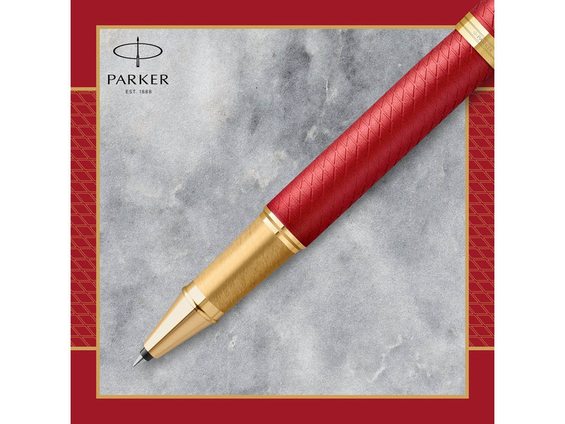 Parker IM Rollerball Tintenroller | Rote Premiumlackierung mit goldenen Zierteilen | Feine Schreibspitze mit schwarzer Nachfüllm