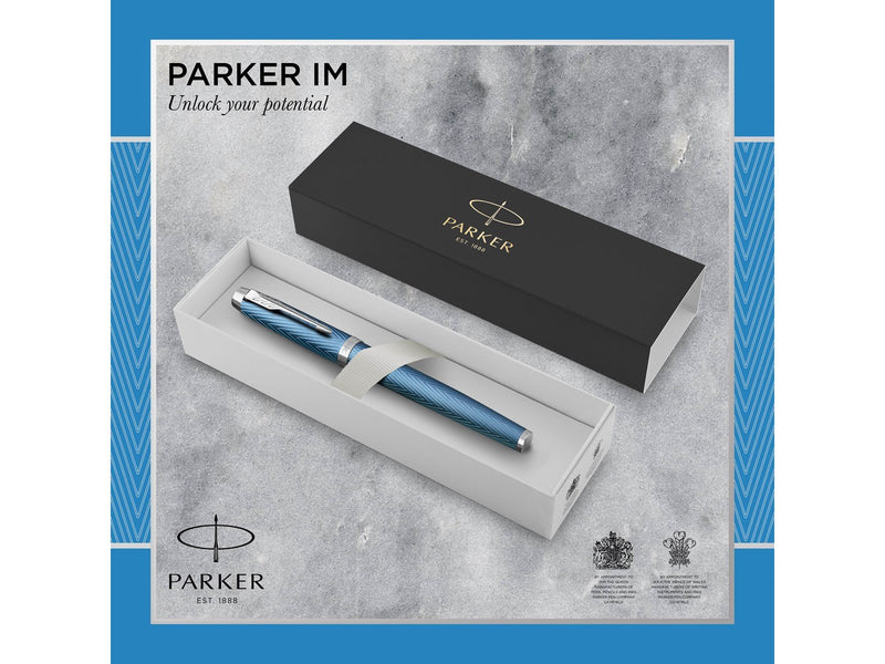 Parker IM Rollerball Tintenroller | Blaugraue Premium-Lackierung mit Chromverzierung | Feine Schreibspitze mit schwarzer Nachfül