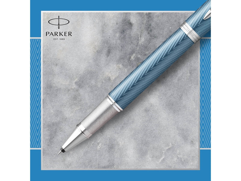 Parker IM Rollerball Tintenroller | Blaugraue Premium-Lackierung mit Chromverzierung | Feine Schreibspitze mit schwarzer Nachfül