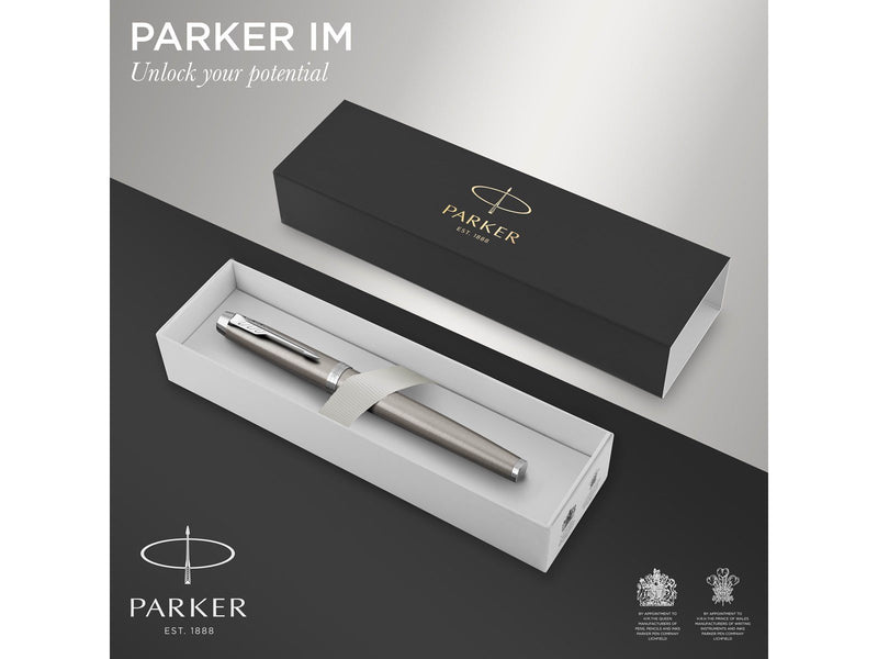 Parker IM Füller | Edelstahl mit Chrom-Zierteilen | Füllfederhalter mit mittlerer Feder und blauer Tinte | Geschenkbox