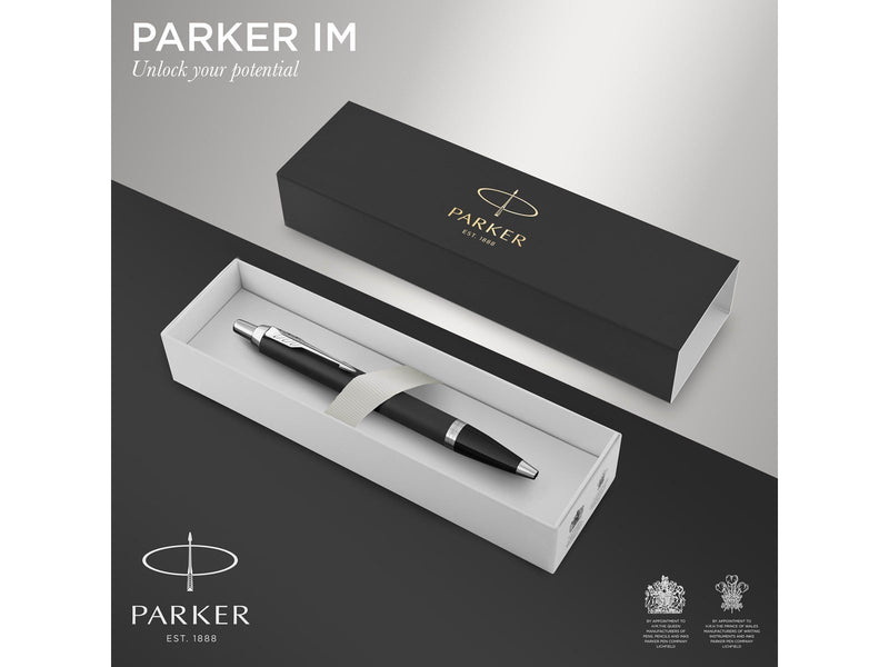 Parker IM Kugelschreiber | Mattschwarz mit Chrom-Zierteilen | mittlere Spitze mit blauer Tinte | Geschenkbox