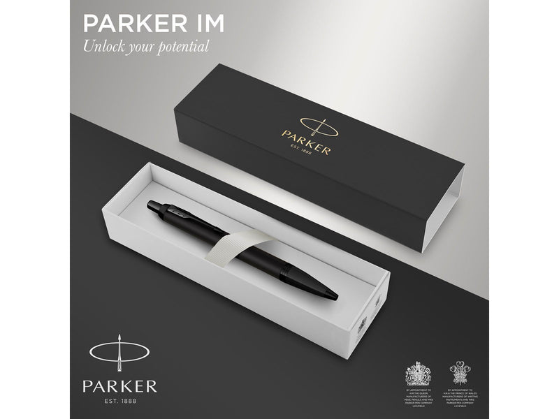 Parker IM Kugelschreiber | Mattschwarz mit schwarzen Zierteilen | Mittlere Schreibspitze mit blauer Nachfüllmine | Geschenkbox