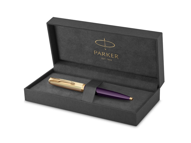 Parker 51 Kugelschreiber | Luxuriöser Pflaumenblauer Schaft mit Goldzierteilen | Mittlere Schreibspitze in 18k Gold mit Schwarze