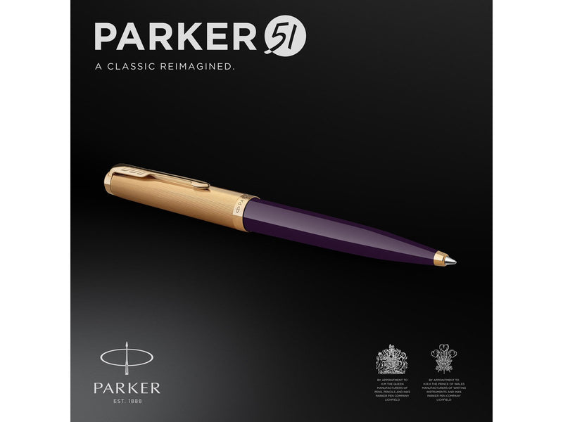 Parker 51 Kugelschreiber | Luxuriöser Pflaumenblauer Schaft mit Goldzierteilen | Mittlere Schreibspitze in 18k Gold mit Schwarze