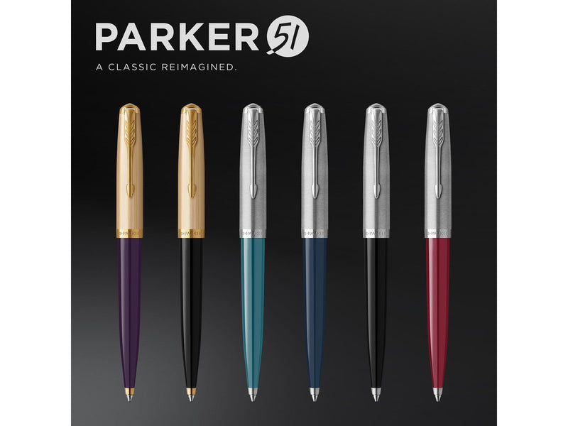 Parker 51 Kugelschreiber | Luxuriöser Pflaumenblauer Schaft mit Goldzierteilen | Mittlere Schreibspitze in 18k Gold mit Schwarze