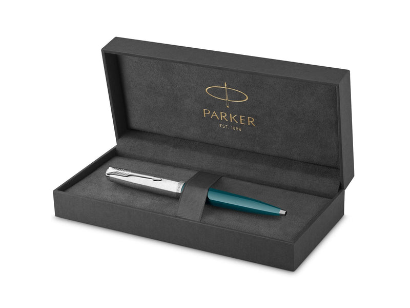 Parker 51 Kugelschreiber | Petrolblauer Schaft mit Chromfarbenen Zierteilen | Mittlere Schreibspitze mit Schwarzer Nachfüllmine