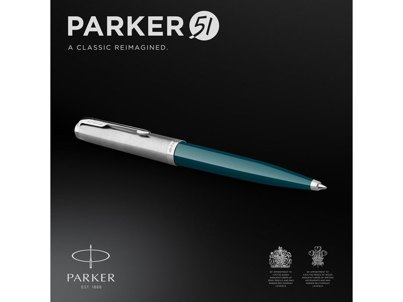 Parker 51 Kugelschreiber | Petrolblauer Schaft mit Chromfarbenen Zierteilen | Mittlere Schreibspitze mit Schwarzer Nachfüllmine