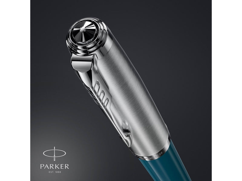 Parker 51 Kugelschreiber | Petrolblauer Schaft mit Chromfarbenen Zierteilen | Mittlere Schreibspitze mit Schwarzer Nachfüllmine