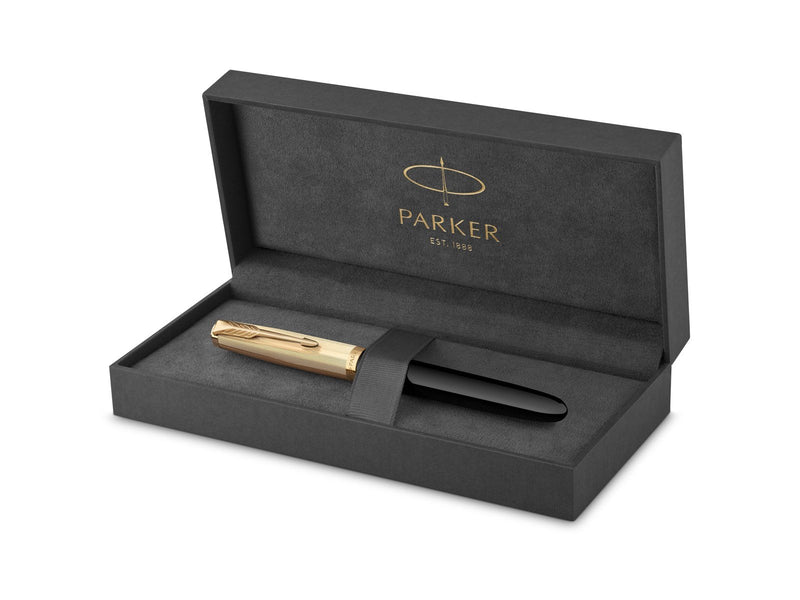 Parker 51 Füller | Luxuriöser Schwarzer Schaft mit Goldzierteilen | Federstärke F in 18k Gold mit schwarzer Tintenpatrone | Gesc