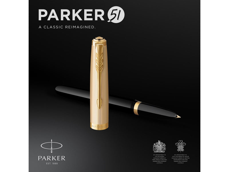 Parker 51 Füller | Luxuriöser Schwarzer Schaft mit Goldzierteilen | Federstärke F in 18k Gold mit schwarzer Tintenpatrone | Gesc